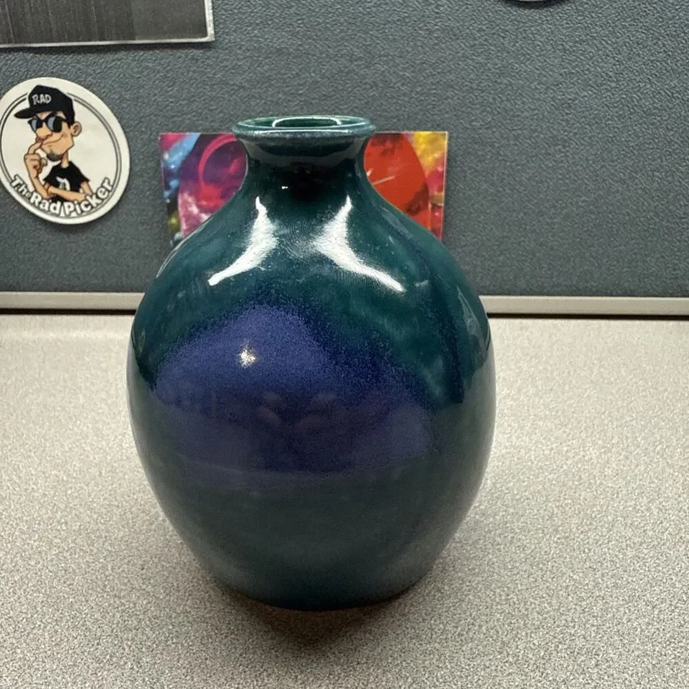 MCM Style Drip Glaze Bud Vase Ceramic Art Pottery Turquoise Blue Green 5 IN 1994